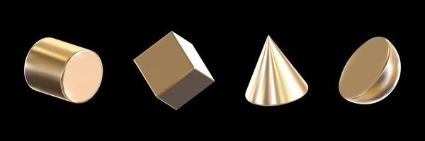 Set of 3D geometric shapes in the form of a cylinder, square, pyramid and semicircle with gold texture. Abstract simple metal shapes in three-dimensional space. vector