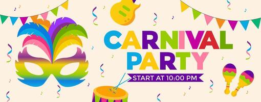 carnival party invitation banner design with mask, feathers, drum and flags for party vector