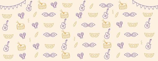 carnival background design with mask, feathers, drum, guitar and flags for party vector