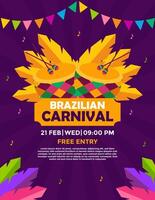 carnival party invitation flyer design with feathers, drum and flags for party. vector