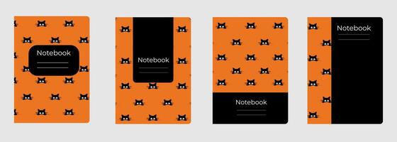 Set of cover designs for notebook, notepad, book, catalog with many black cats. Vertical format A4,A5. vector