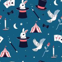 Seamless pattern with magician items rabbit in hat, rose, cards, dove, tent. graphics. vector