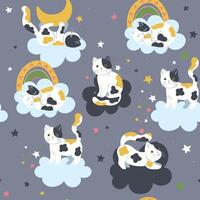 Seamless pattern with cute cats and clouds. graphics. vector