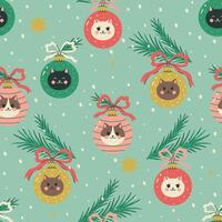 Seamless pattern with Christmas balls with cat faces. graphics. vector