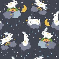 Seamless pattern with cute rabbits and clouds. graphics. vector