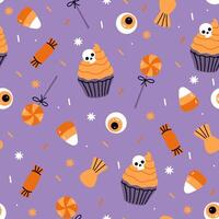 Seamless pattern with Halloween candies and cupcakes. graphics. vector