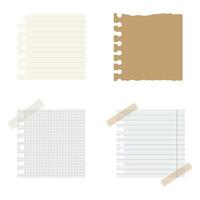 Torn paper notepad page strips with tape, rip blank notes and papers vector