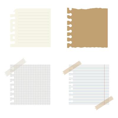 Torn paper notepad page strips with tape, rip blank notes and papers