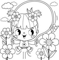 A happy little girl skipping and playing in the flower garden. Active child skipping rope and having fun. Black and white coloring page vector