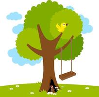 Tree swing on a tree branch in the garden playground. Outdoors play in nature. Backyard tree swing and cute animals and birds on green grass. vector