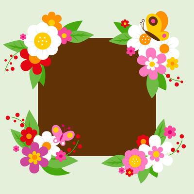 Frame with beautiful flowers and butterflies. Colorful flower wreath frame background and butterflies.