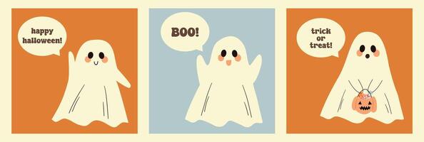 Set of cute and funny groovy ghosts. Cards with ghosts and text bubble. Halloween party. vector