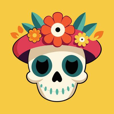 Skull and Hat with Floral Elegance