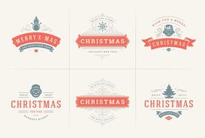 Christmas ornate labels and badges set with happy new year holidays wishes typography for greeting cards vector