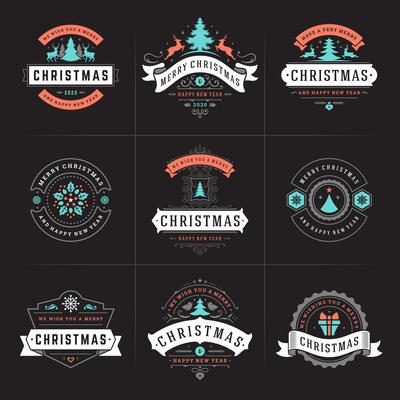 Merry christmas ornate labels and badges set, happy new year and holidays wishes typography for greeting cards
