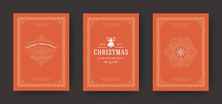 Christmas greeting cards set vintage typographic design, ornate decoration symbols with winter holidays wishes