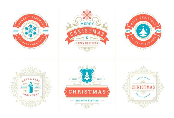 Christmas typography ornate labels and badges, happy new year and winter holidays wishes illustration