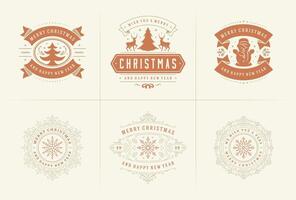 Christmas ornate labels and badges set with happy new year holidays wishes typography for greeting cards vector