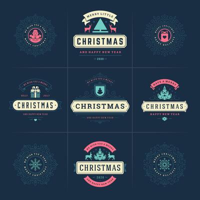 Christmas ornate labels and badges set with happy new year holidays wishes typography for greeting cards