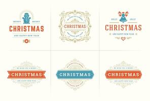 Christmas ornate labels and badges set with happy new year holidays wishes typography for greeting cards vector