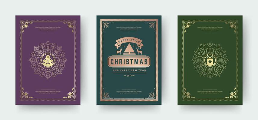 Christmas greeting cards vintage typographic design, ornate decorations symbols with fir tree, winter holidays wishes