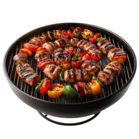 Grilled Skewers with Vegetables on a Black Barbecue Grill with Transparent Background png