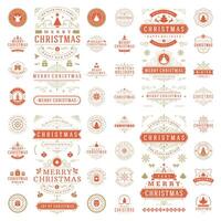 Christmas labels and badges design elements set. Merry Christmas and Holidays wishes retro typography decoration objects and symbols, vintage ornaments. vector