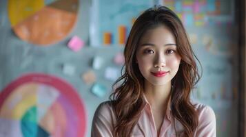 Confident woman smiling in a creative workspace filled with colorful charts and notes, exuding positivity and professionalism. photo