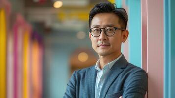 A confident man in a stylish office setting, showcasing professionalism and modernity with colorful decor in the background. photo