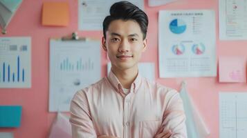 Confident man standing in a modern office with charts and graphs on the wall, ready for a successful presentation. photo