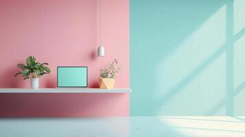 Modern workspace featuring a laptop, plants, and colorful walls, creating a vibrant and inspiring environment. photo