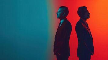 Silhouettes of two men in suits against a vibrant backdrop of blue and red, creating a striking contrast of colors and shapes. photo