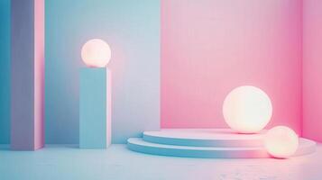 A serene, modern setting featuring glowing spheres in a minimalist pastel atmosphere, perfect for art and design showcase. photo