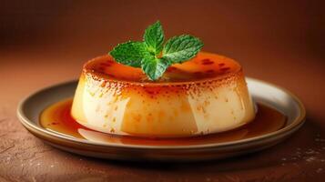 A delicious creamy flan topped with caramel sauce and a mint leaf, served on a rustic plate against a warm background. photo