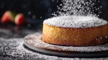 A beautifully baked cake topped with a dusting of powdered sugar, creating a delicious and inviting dessert scene. photo