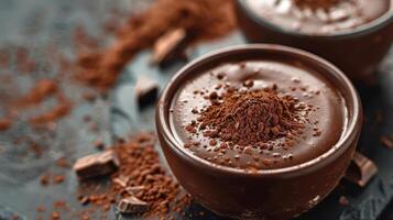 Rich chocolate dessert with creamy texture, topped with cocoa powder and surrounded by chocolate pieces on a dark background. photo