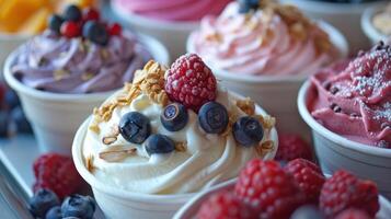 Delicious frozen yogurt with colorful toppings, perfect for summer treats and desserts. An inviting array of flavors and textures. photo