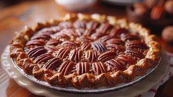 Deliciously baked pecan pie with a golden crust and pecan topping, perfect for dessert or holiday gatherings. photo