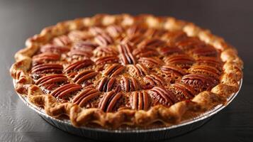 Delicious pecan pie with a golden crust and rich filling, perfect for dessert lovers and festive occasions. photo