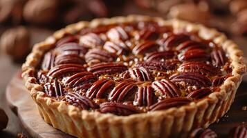 A delicious pecan pie topped with golden brown pecans resting on a rustic wooden table, perfect for festive celebrations. photo