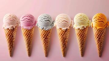 A colorful array of ice cream cones featuring various flavors, perfect for summer treats and dessert inspiration. photo