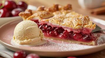 Delicious cherry pie slice served with creamy vanilla ice cream, garnished with powdered sugar and fresh cherries. photo