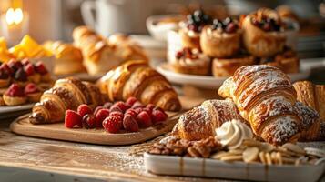 A delightful assortment of pastries and fresh fruits on a rustic wooden table, perfect for breakfast or brunch settings. photo