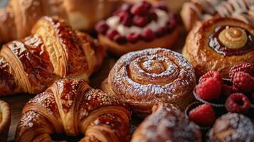 A tempting assortment of fresh pastries, featuring croissants, cinnamon rolls, and raspberries, perfect for any bakery display. photo