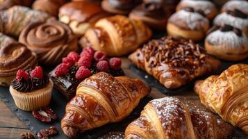 A tempting array of pastries showcasing croissants, chocolate rolls, and berries, perfect for any bakery or dessert collection. photo