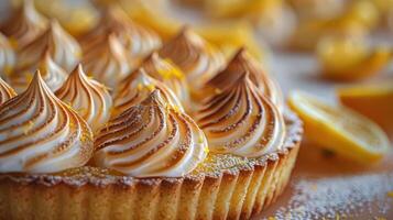 Delicious lemon meringue pie with golden peaks, garnished with lemon slices, perfect for dessert lovers and culinary enthusiasts. photo