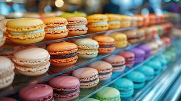 A colorful display of macaron pastries in a bakery, showcasing a delightful variety of flavors and vibrant hues. photo