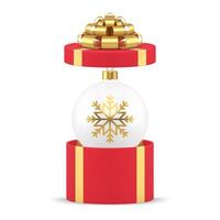 Christmas white ball toy with golden snowflake in red open gift box 3d icon realistic vector