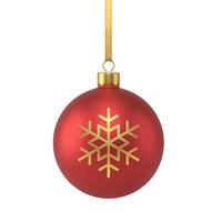 Christmas hanged red ball toy with golden snowflake decorative element 3d icon realistic vector