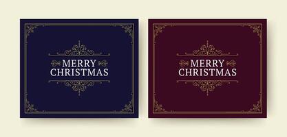 Merry Christmas retro social media post design template with golden royal frame set flat vector